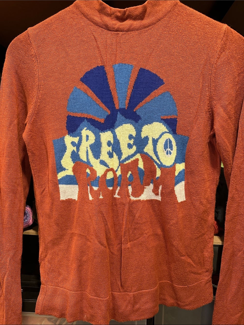 Free People XS Knit Sweater Free to Roam rust orange blue sun hippie